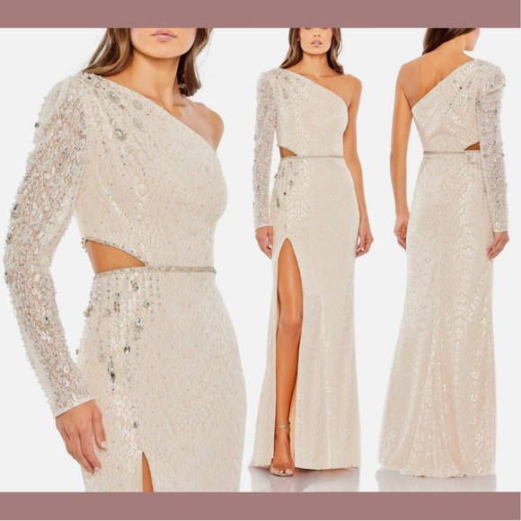 NWT $698 Mac Duggal [ 2‎ ] Lace Embellished One Sleeve Cut Out Gown Ivory White - Picture 1 of 16